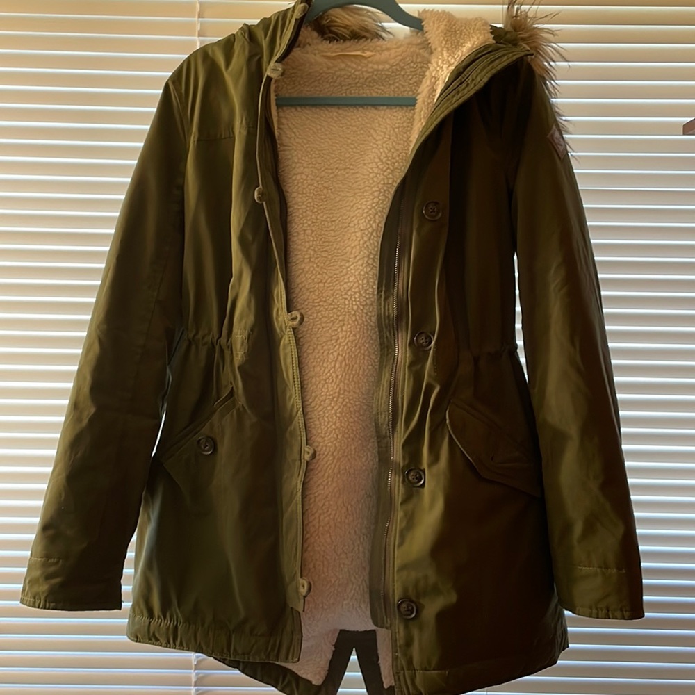 Olive color Sherpa lined coat